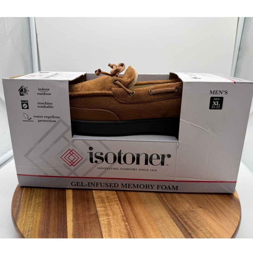 Isotoner Men's 11-12 XL Moccasin Tan Gel Memory Foam Indoor Outdoor 0688